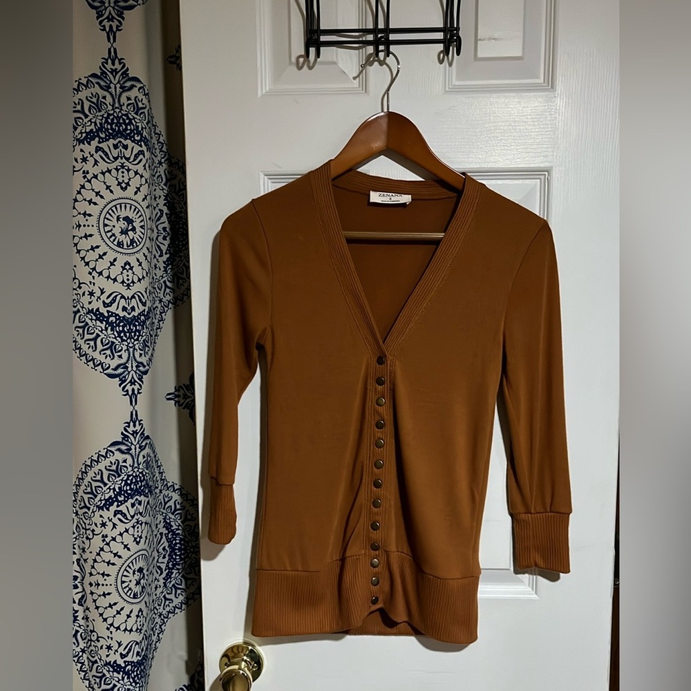Zenana snap-button front cardigan, pumpkin orange, size small